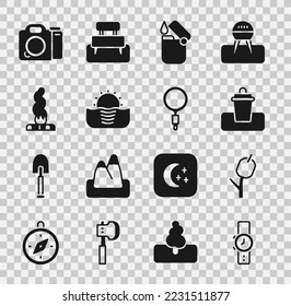 Set Wrist watch, Marshmallow on stick, Trash can, Lighter, Sunrise, Campfire, Photo camera and Magnifying glass icon. Vector