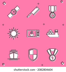Set Wrist watch, Meat chopper, Medal with star, Sun, Microwave oven and Cargo ship icon. Vector