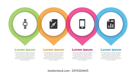 Set Wrist watch, Note paper with push button, Mobile phone and Document graph chart. Business infographic template. Vector