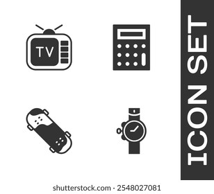 Set Reloj de pulsera, TV retro, truco de monopatín y el icono de la calculadora. Vector