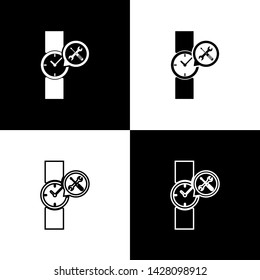 Set Wrist watch with screwdriver and wrench icon isolated on black and white background. Adjusting, service, setting, maintenance, repair, fixing.  Vector Illustration