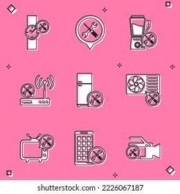 Set Wrist watch service, Location, Blender, Router wi-fi, Refrigerator, Air conditioner, Tv and Mobile Apps icon. Vector