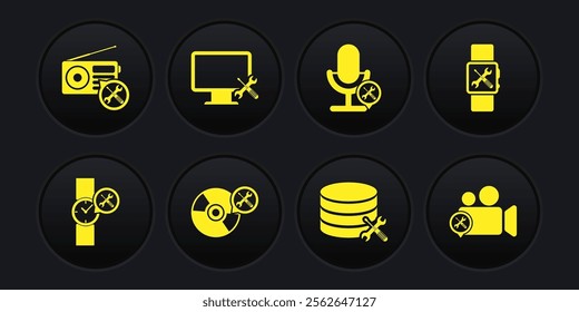 Set Wrist watch service, Smartwatch, CD or DVD disk, Database server, Microphone, Computer monitor, Video camera and Radio icon. Vector