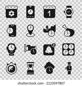 Set Wrist watch, Time zone clocks, Food time, Calendar, Alarm app mobile, spring and Stocks market growth graphs icon. Vector