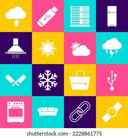 Set Wrist watch, USB, Storm, Server, Data, Web Hosting, Sun and Kitchen extractor fan icon. Vector