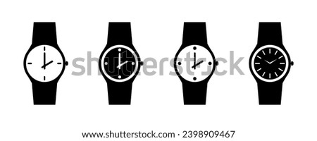 Set of wrist watch vector icons. Black silhouette with wristwatch and bracelet.