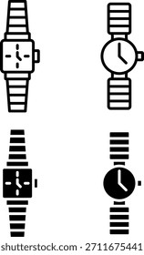 A set of wristwatch illustrations in both line and solid styles representing time management, punctuality, and wearable accessories.