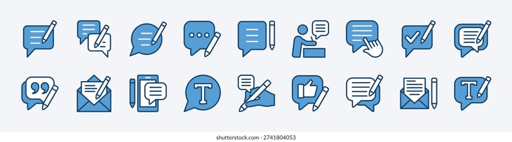Set of write comment icon. Contains feedback, review, opinion, suggestion, response, message, reply, quote, mail, text, report, assessment, conversation - vector illustration