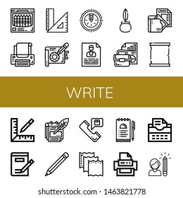 Set of write icons such as Crayon, Printer, Rulers, Note, Pencil, Contact, Quill, Document, Paper scroll, Ruler, Writing, Notes, Paper, Typewriter , write