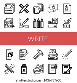 Set of write icons such as Notes, Document, Pencil, Ruler, Color pencils, Fountain pen, Documents, Inkwell, Paper, Ink bottle, Typewriter, Contacts, Writing , write