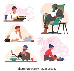 Set of Writer or Editor Male and Female Characters. Creative Persons Writing or Editing Text. Authors Sitting at Workplace Create Book, Essay or Content for Blog. Cartoon People Vector Illustration