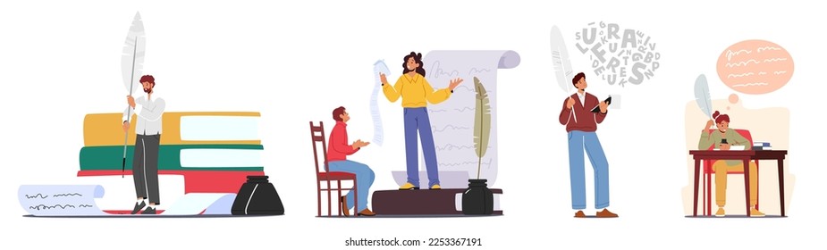 Set of Writer or Poets Male and Female Characters Reading And Writing Poetries. Creative Person at Workplace. Authors Create Book, Essay, Poems with Feather Pen. Cartoon People Vector Illustration