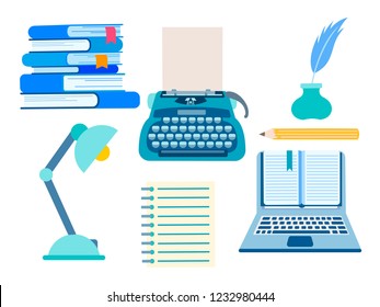 Set of writer's accessories, objects of working space of the literary worker. A typewriter, a lamp, a stack of books, a notebook, a pencil, an inkwell and a feather. Vector illustration.