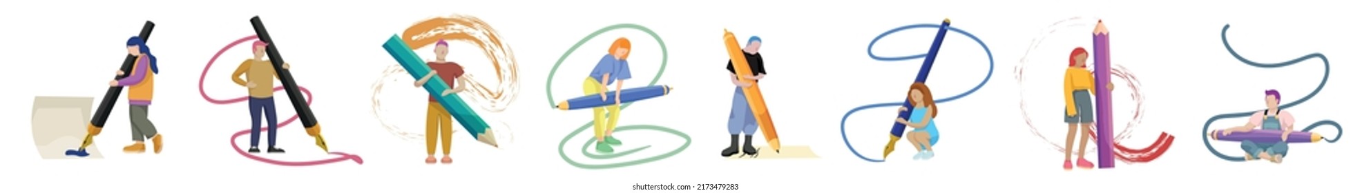 Set of writers with big pens and pencils on white background