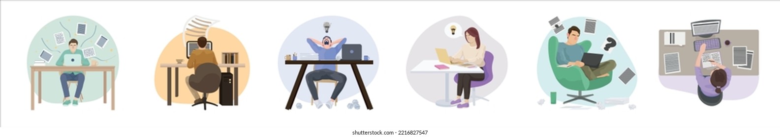 Set of writers with computers on white background