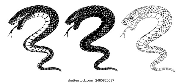 Set of writhing snake drawings. Chinese New Year 2025, year of the Snake. Silhouette, cartoon character with scaled skin. Vector illustration