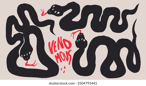 Conjunto de serpientes retorcidas. Siluetas de serpientes venenosas negras. Estilo peculiar y único. Año Nuevo chino 2025, año de la serpiente. Ilustración vectorial dibujada a mano. Elementos aislados. Impresión, diseño, idea del tatuaje