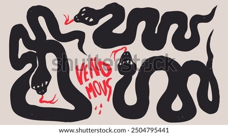 Set of writhing Snakes. Black venomous snake silhouettes. Quirky, unique style. Chinese New Year 2025, year of the Snake. Hand drawn Vector illustration. Isolated elements. Print, design, tattoo idea