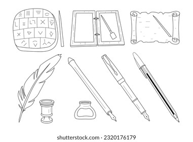 Set of writing accessories. Evolution. Vector black and white image.