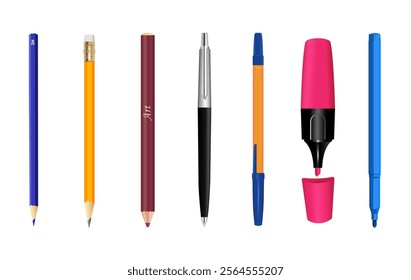 Set of writing accessories. Pencils, pens and felt-tip pens on a white background. Vector realistic illustration