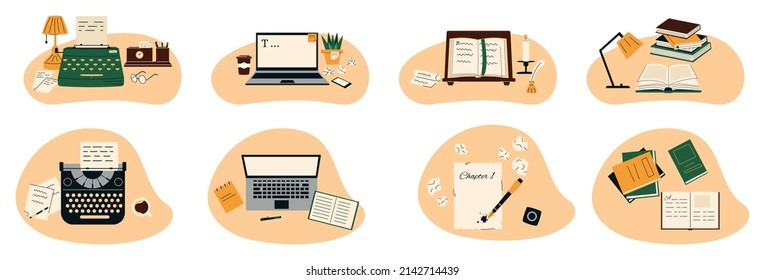Set of writing concept. Concept of computer work, text typing, posting, writing books. Laptop and type writer flat illustration.