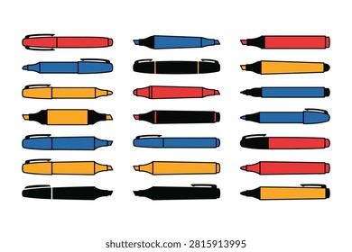 Set of writing, drawing, and highlighting tools. Assorted colors and types. Vector illustration.