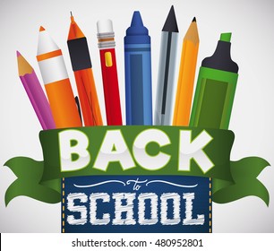 Set of writing elements: color pencils, crayon, pen, mechanical pencil and markers behind a ribbon with textile sign for Back to School.