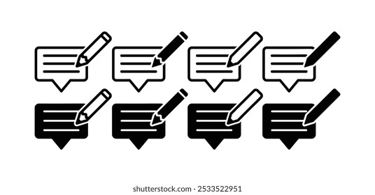 set of writing feedback review chat speech bubble icon symbol vector design black white color simple outline black fill illustration collection isolated