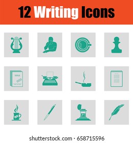 Set of Writing icons. Green on gray design. Vector illustration.