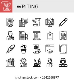 Set of writing icons. Such as Paper, Notepad, Script, Parchment, Pen, Lawyer, Writing, Papyrus, Fountain pen, College, Feather, Stationery, Justice, Education , writing icons