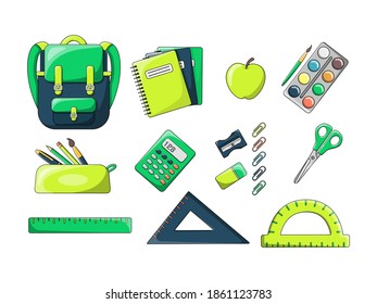 A set of writing materials and a backpack. Bright and colorful backpack. In the style of a cartoon. Isolated on a white background. A set of school supplies.