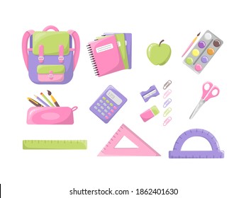 A set of writing materials and a backpack. Bright and colorful backpack. In the style of a cartoon. Isolated on a white background. A set of school supplies. For a girl.