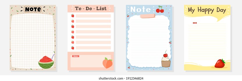 Conjunto de artículos escritos. Planificador y lista de tareas pendientes. Diseño plano de la ilustración vectorial de la plantilla de la página portátil. Hoja de papel con frutos rojos, sandía, melocotón, cerezo y fresa. Bloc de notas, vector de almohadilla de memo.