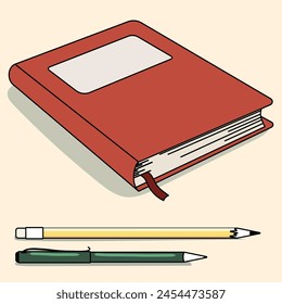 Set for writing from a red notepad, pencil and pen. Everything you need to write down ideas. Vector illustration
