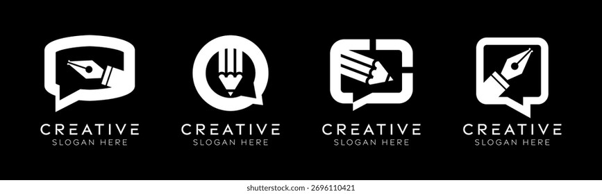 Set of writing speech bubbles logo design templates. Modern isolated speech bubbles with pencil or pen design for communication, creativity and education.