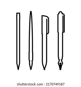 Satz von Schreibwerkzeugen: Bleistift, Stift, Bürste. Vektorgrafik. Line-Silhouette auf weißem, isoliertem Hintergrund. Symbol, Logo