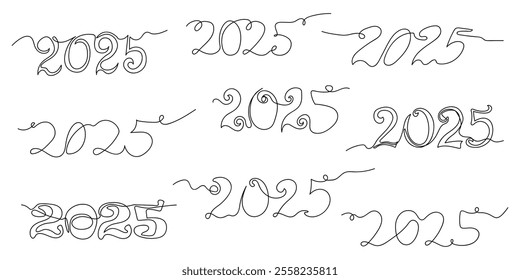 Set written by hand 2025 in One continuous line drawing style on a white background. Doodle vector illustration. One line New Year concept. Line art,