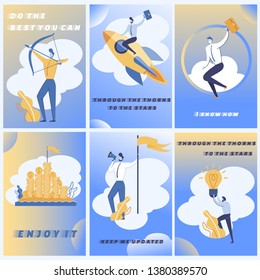 Set is Written Do the Best You Can, Enjoy it, Through the Thorns to the Stars, Keep Me Updated, I Know How. Phrases and Illustrations for Inner, Emotional State that Motivates Person to Action.