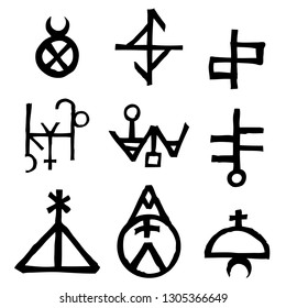 Set of written symbols and letters inspired by magical inscriptions and symbols isolated on background. Old manuscript alphabet. Vector. 
