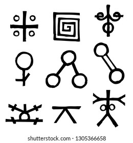 Set of written symbols and letters inspired by magical inscriptions and symbols isolated on background. Old manuscript alphabet. Vector. 