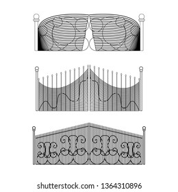 Set of wrought iron gates and gates made of metal. Vector illustration