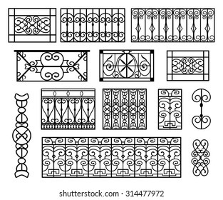 set of wrought iron modules suitable to create balconies or repetitive decorations. Vintage decorations reminding the belle epoque age. Isolated black and white.  svg