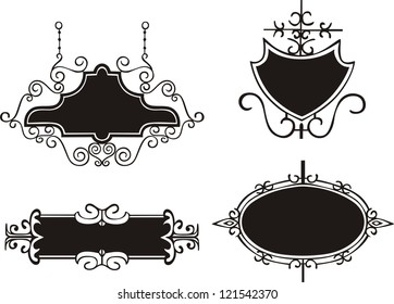 Set of wrought signboards. Black and white vector illustrations.