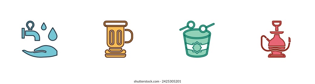 Set Wudhu, Medieval goblet, Ramadan drum and Hookah icon. Vector