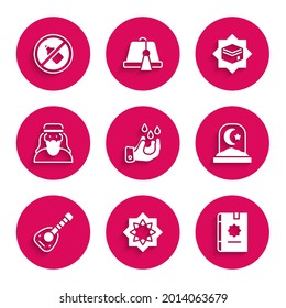 Set Wudhu, Octagonal star, Holy book of Koran, Muslim cemetery, Lute, man, Kaaba mosque and No alcohol icon. Vector