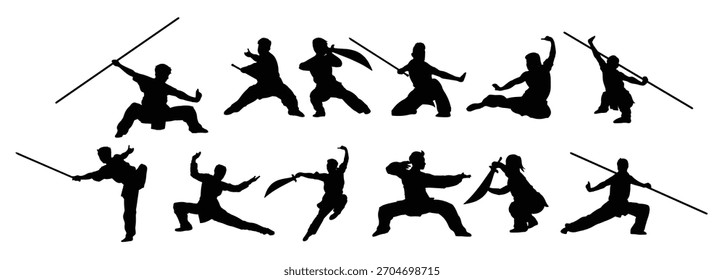 Conjunto de Ilustración vectorial de silueta de wushu