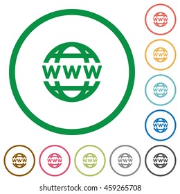 Set of WWW globe color round outlined flat icons on white background