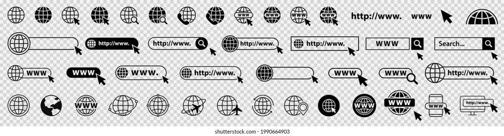 Set von www, globe und Suchleiste Elemente. Globe mit Cursor-Symbole, Browser-Leiste, WWW, Maus cursir, Suche. Vektorgrafik.