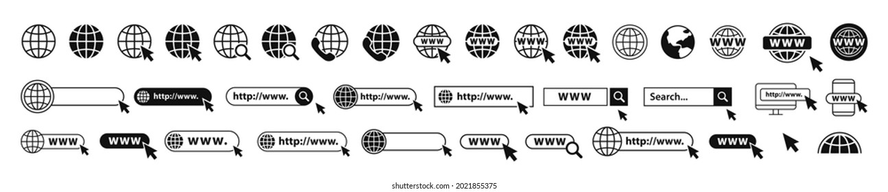 Conjunto de elementos www, globo y barra de búsqueda. Globo con iconos del cursor, barra del navegador, WWW, cursir del ratón, búsqueda. Ilustración vectorial.