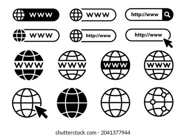 Set of www, globe and search bar elements. Globe with cursor icons, browser bar, WWW, mouse cursir, search. Vector illustration